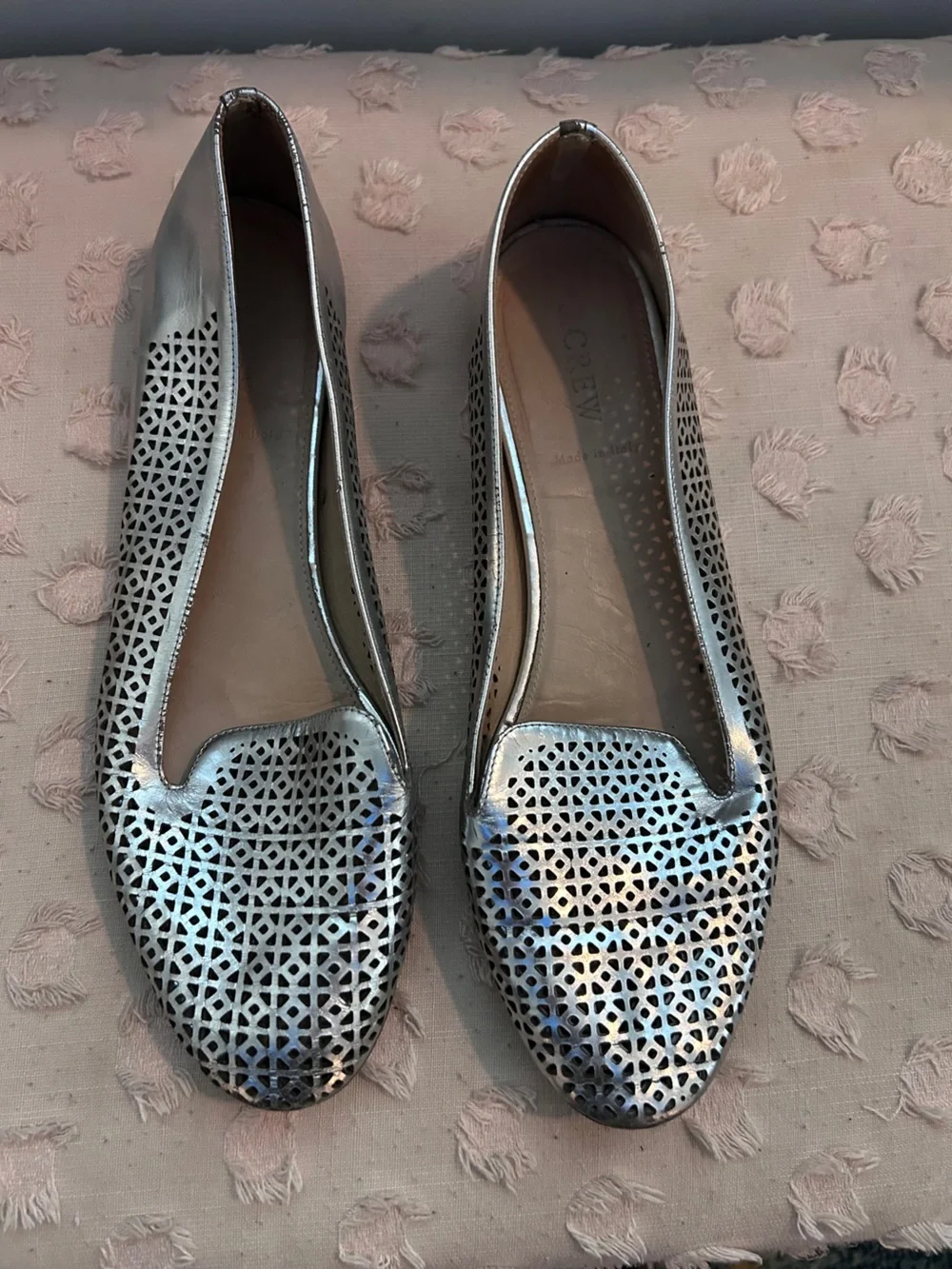 J. Crew Metallic Silver Laser-Cut Leather Flats